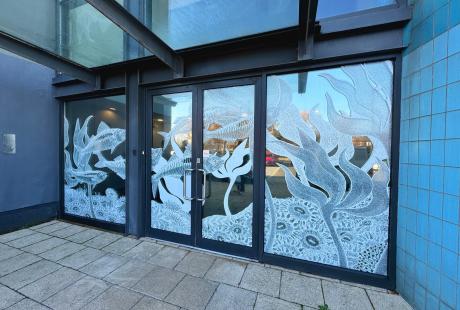 Jessica Eggers artwork on the Business Centre Reception windows